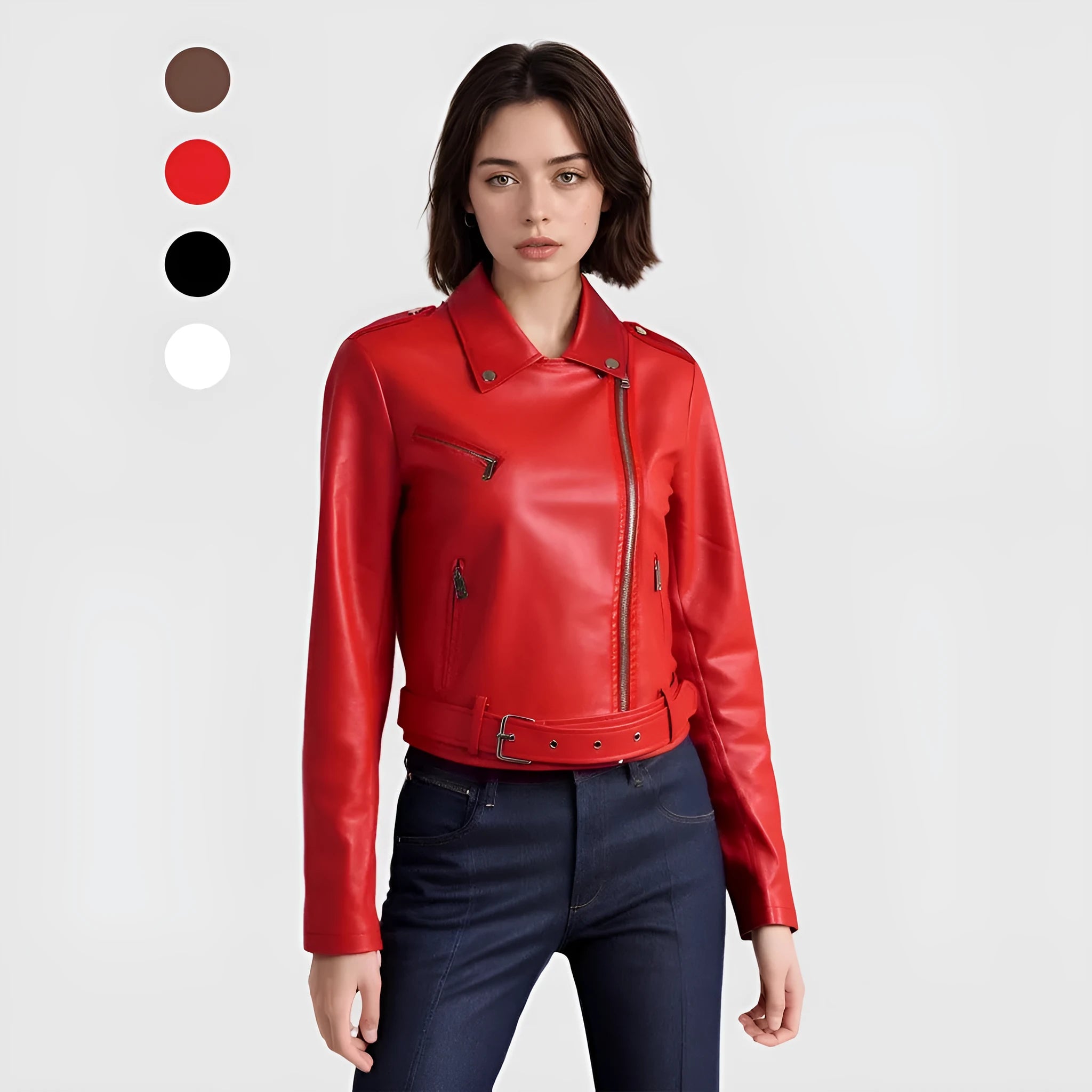 Women's black PU leather motorcycle jacket with lapel collar and adjustable waist belt on a hanger.