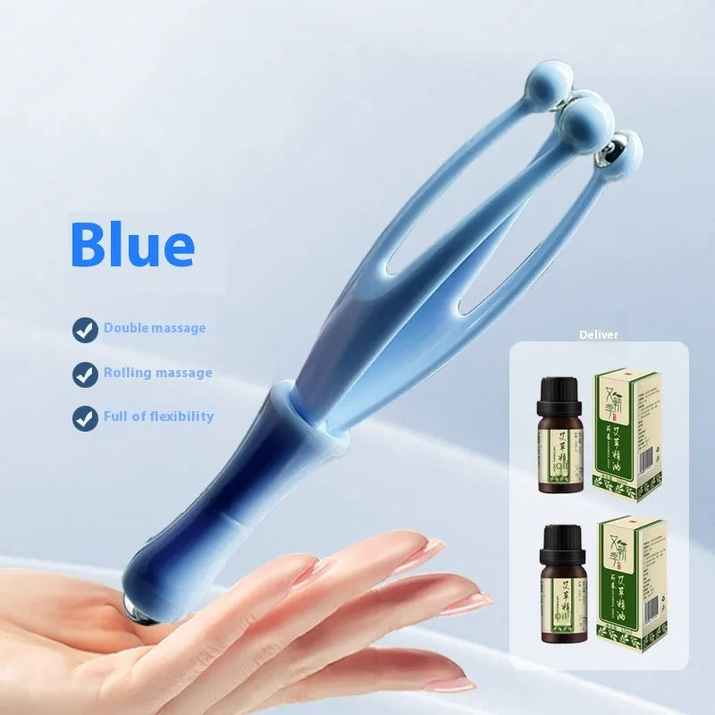 Blue finger massager with electroplated steel ball on a white background for hand joint rolling care