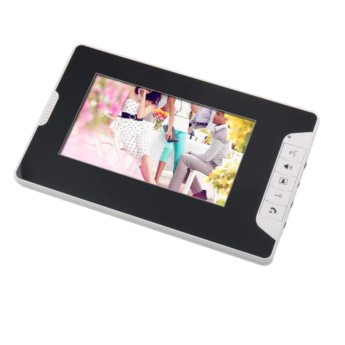 7-inch HD video door phone indoor monitor showing clear widescreen image with outdoor camera unit