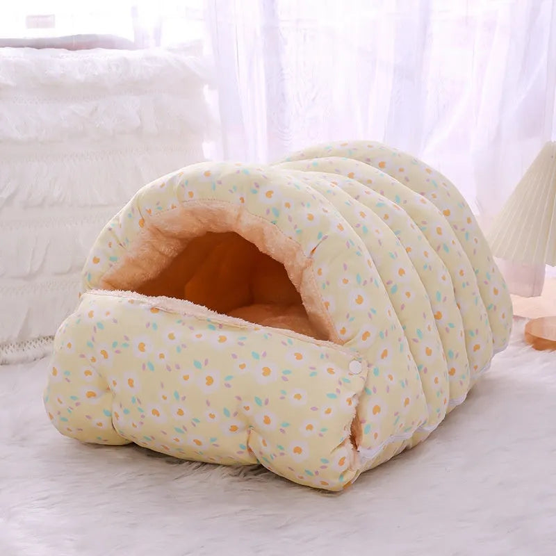 Winter cat nest with removable cloth cover, size M for cats under 15kg, pink small flower design