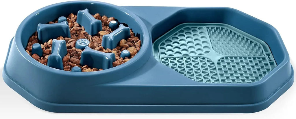 Blue slow feeder dog bowl with puzzle design pattern for anti-gulping feeding