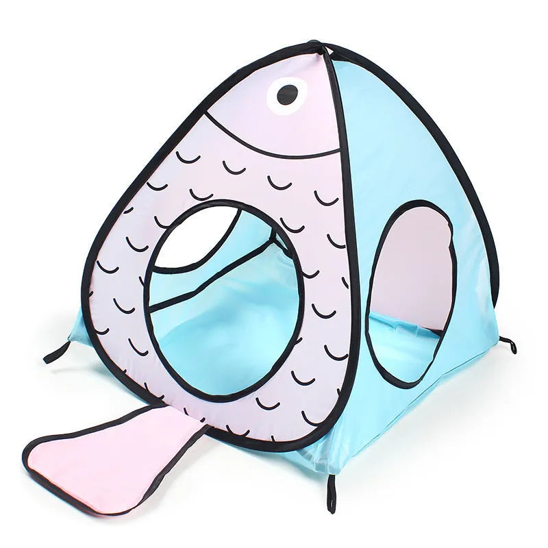 Foldable cat tent tunnel toy with three-piece cat and fish design in PP material