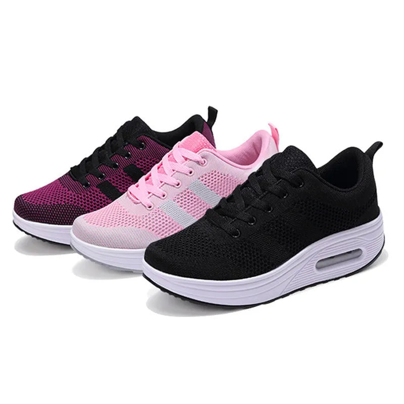 Women's platform air cushion casual shoes with Flyknit upper, non-slip sole, hollow details, and T-shaped ribbon, in solid colour