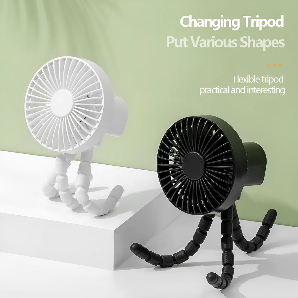 Portable desktop fan with octopus tripod and removable front cover in multiple colours