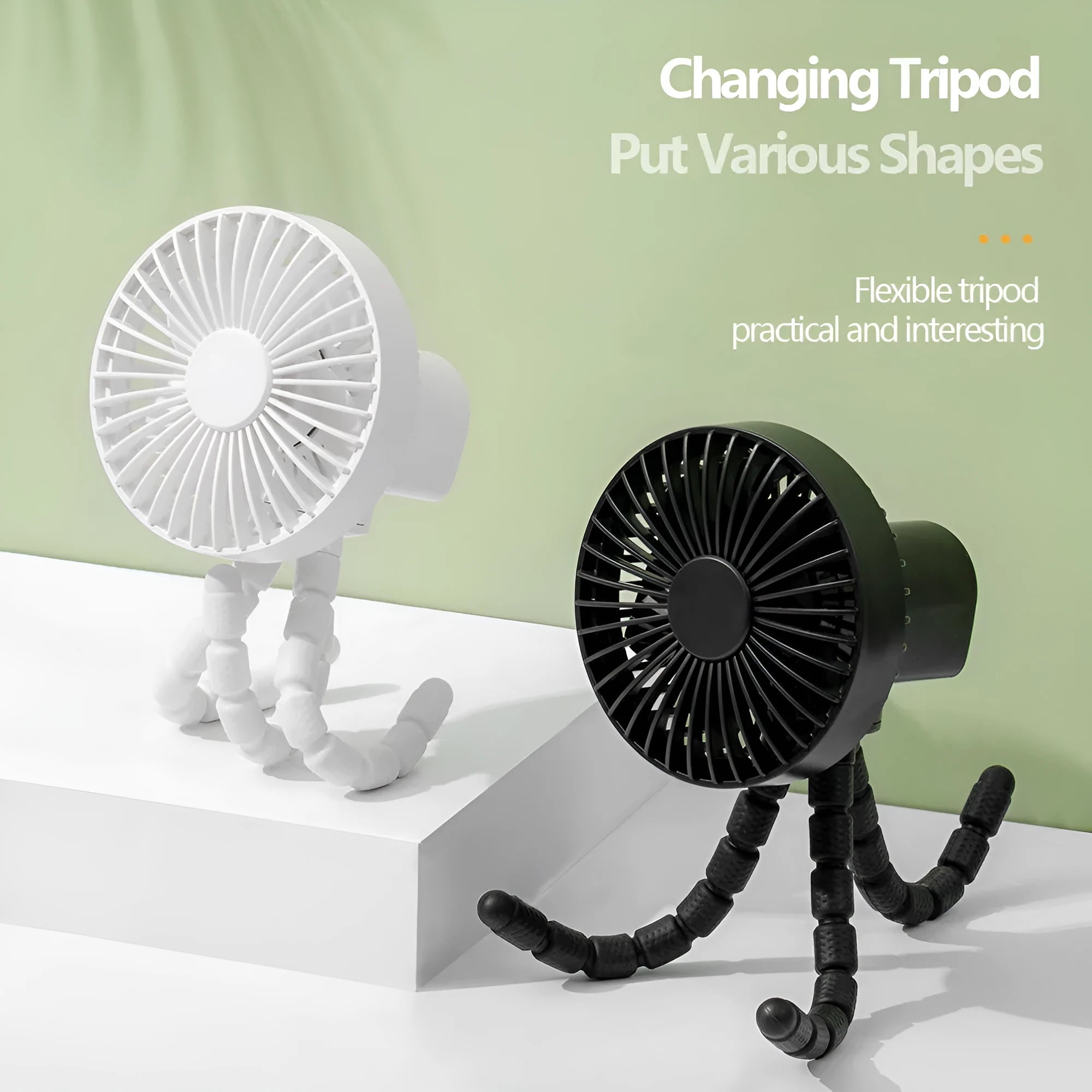 Portable desktop fan with octopus tripod and removable front cover in multiple colours