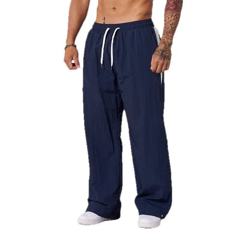 Men's loose cotton casual trousers in black, mid-waist, breathable smart trousers for everyday wear