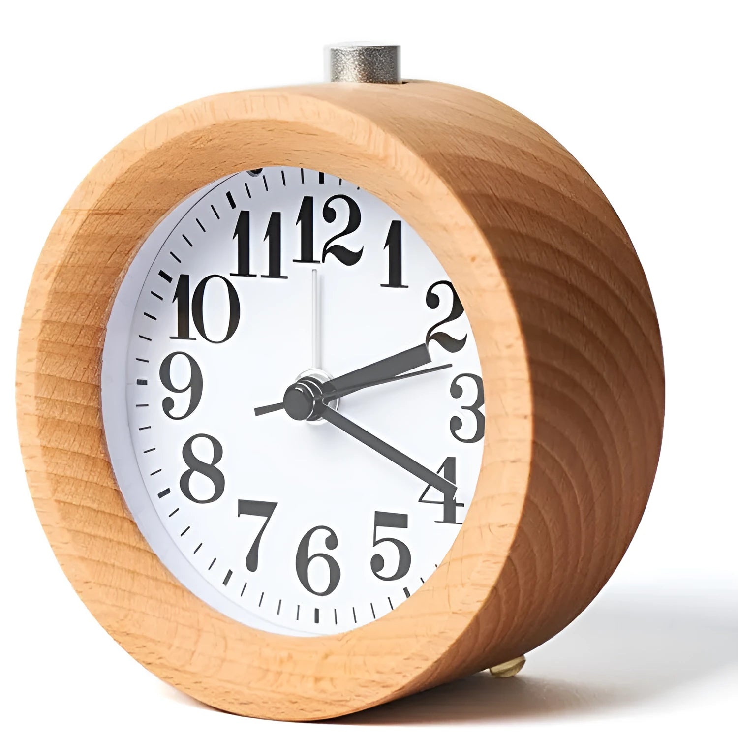 Solid beech wood silent snooze alarm clock showing wooden case and white dial.