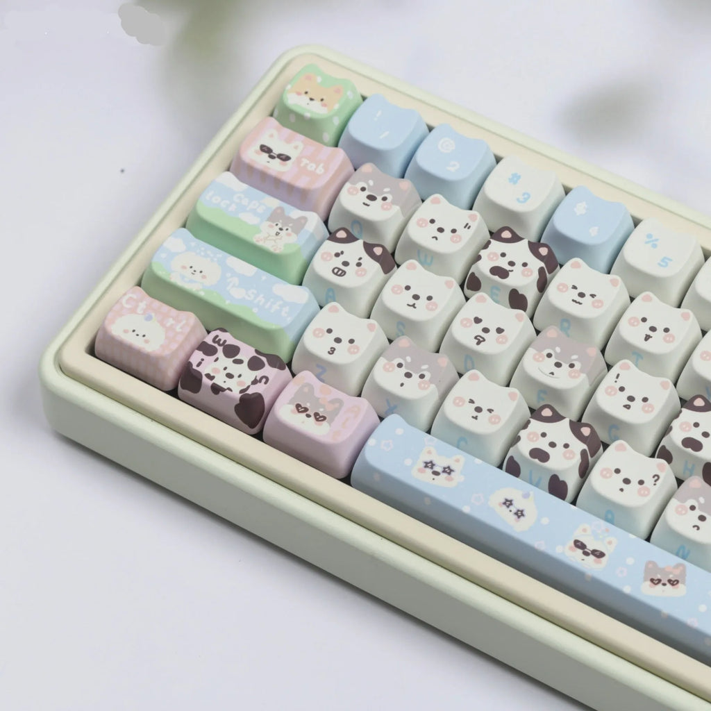 Full set of white PBT keycaps with cute puppy sublimation design for mechanical keyboards