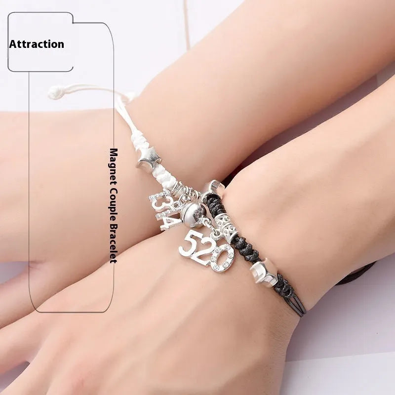 Magnetic couple bracelets with alloy construction and various design options including love symbols and animal patterns