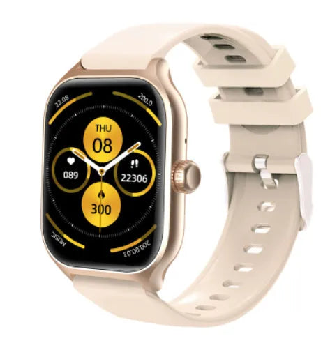 Bluetooth smart watch with touch screen in gold or silver with silicone strap showing health monitoring functions