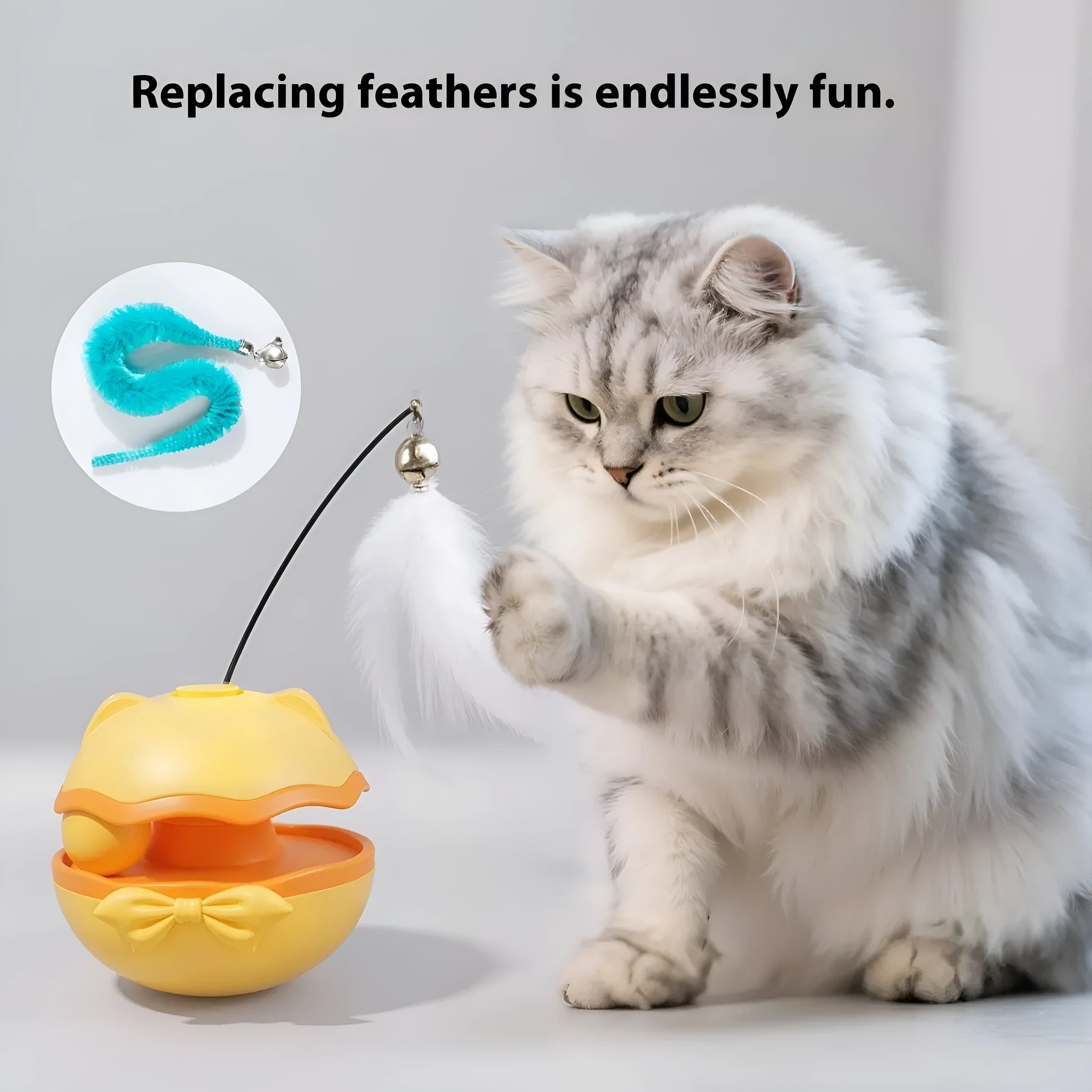 Electric cat teaser wand with rotating butterfly attachment in lemon yellow, sky blue, or soft fog grey colours