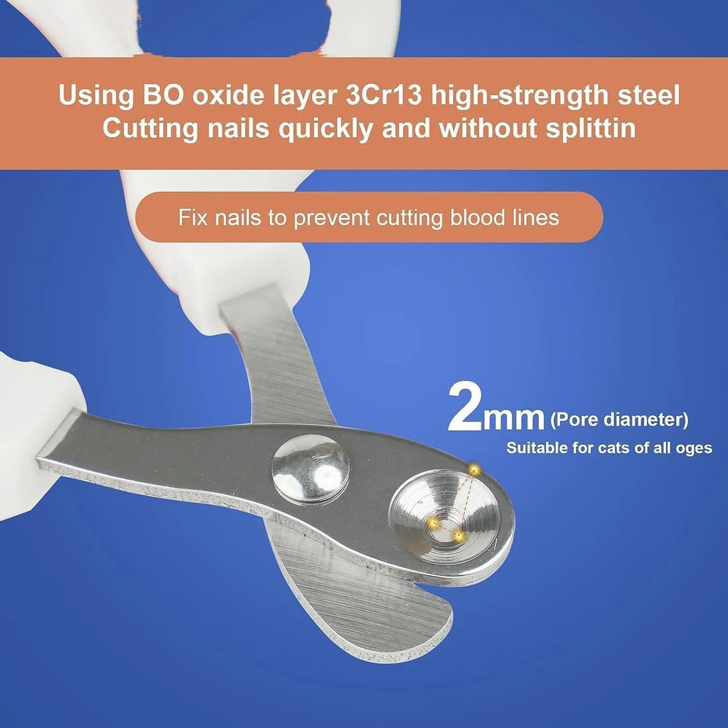Blue professional pet nail clippers with circular safety hole and non-slip handle.