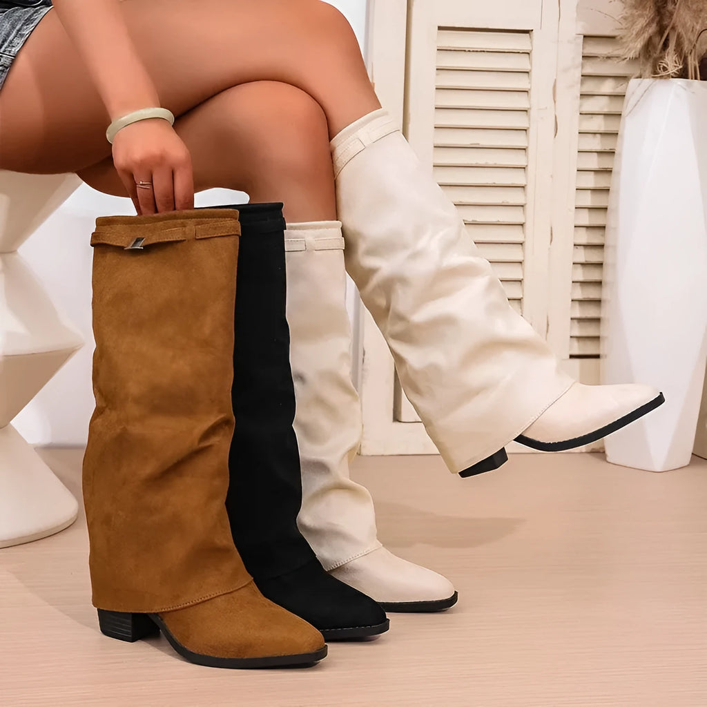 Men's pointed toe high tube pants boots with pleated chunky heel sleeve in black
