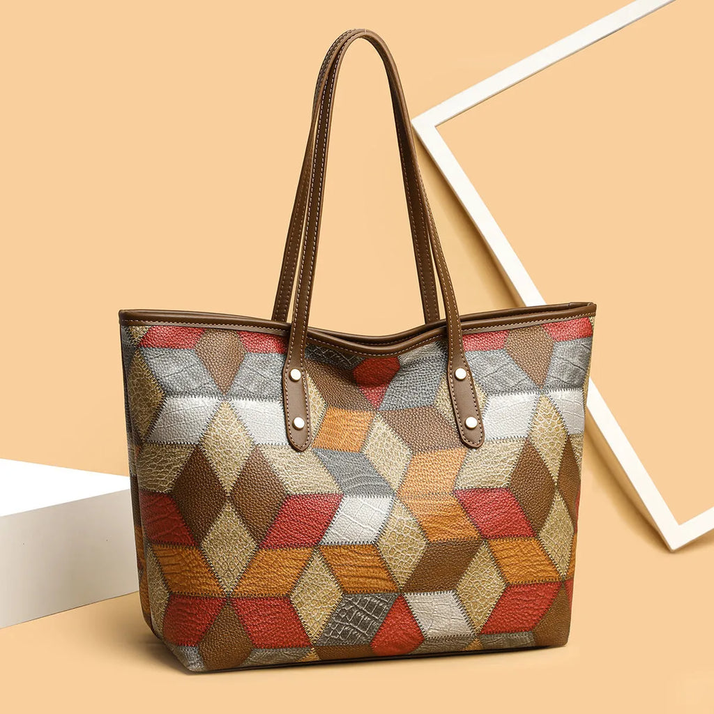 Women's PVC shoulder handbag with sandwich pocket design in blue brown colour