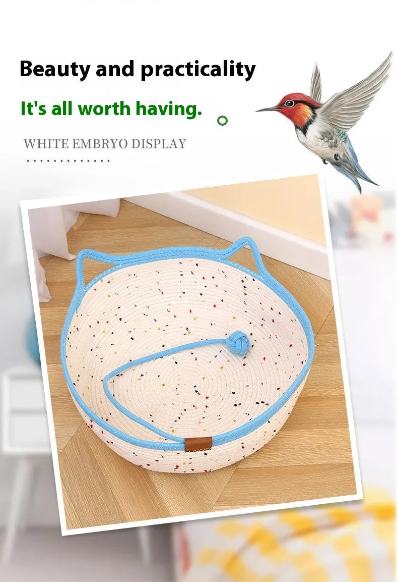 Cotton and hemp rope cat nest mat in large size with a toy ball for cats