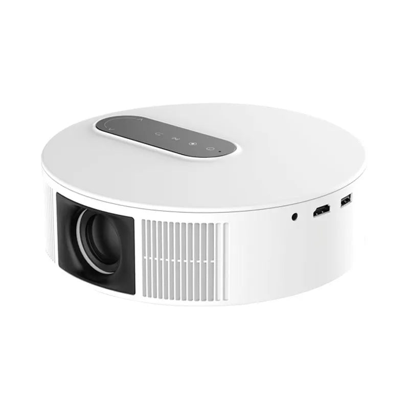 White HD 720p home theatre projector with remote control on a stand.