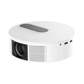 White HD 720p home theatre projector with remote control on a stand.