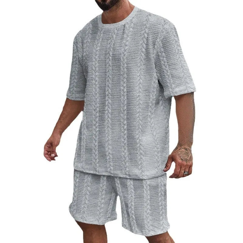 Knitted solid colour jacquard round neck short sleeve pullover top with matching shorts set in white, black, navy, khaki, light gray, polyester, sizes S-XXXL