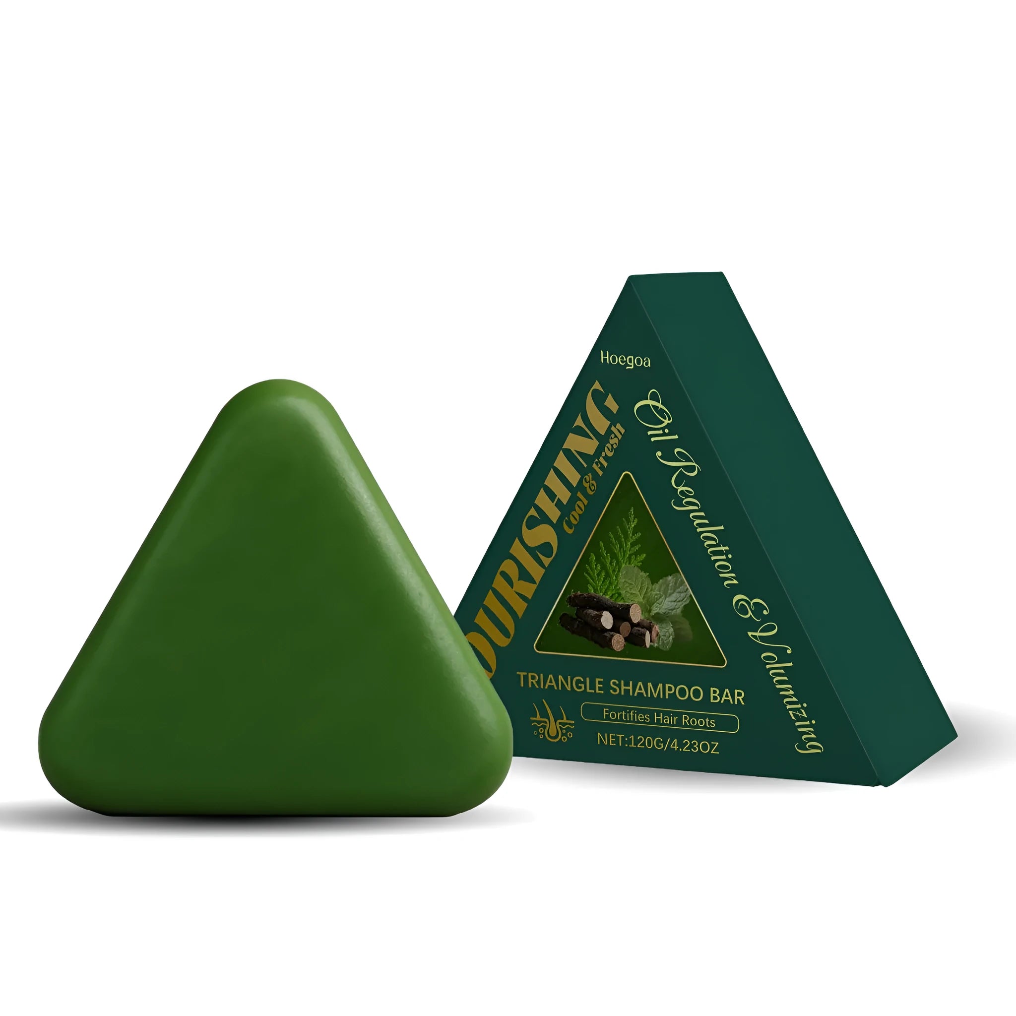 Triangle shampoo bar 120g with herbal extracts including mint and Polygonum Multiflori Radix on a neutral background