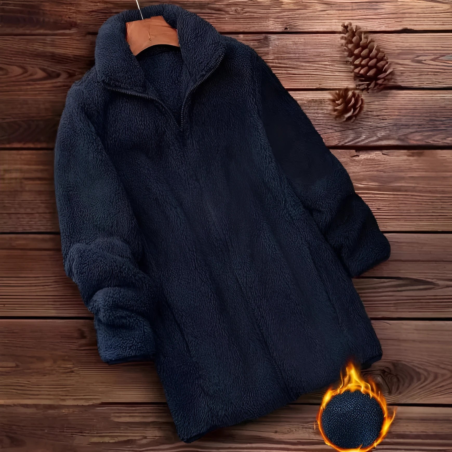 Double-sided velvet fleece jacket in khaki, shown on a hanger, with a full fleece lining visible.