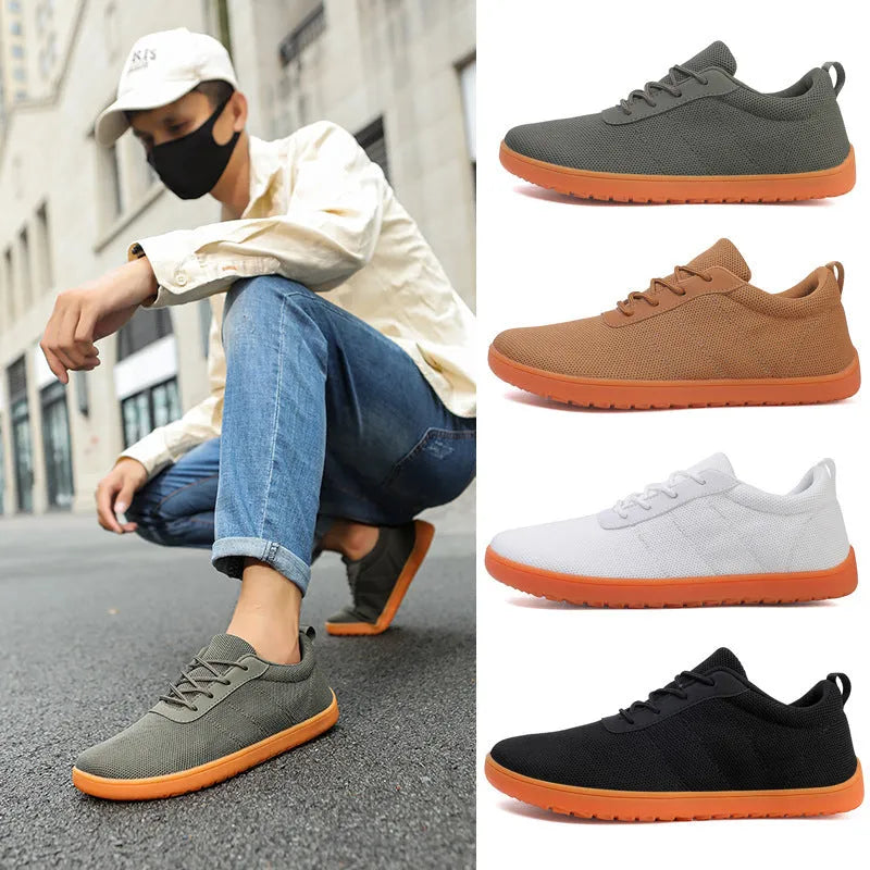 Men's hiking walking shoes with Flyknit upper, round wide toe, and non-slip rubber outsole in a solid colour
