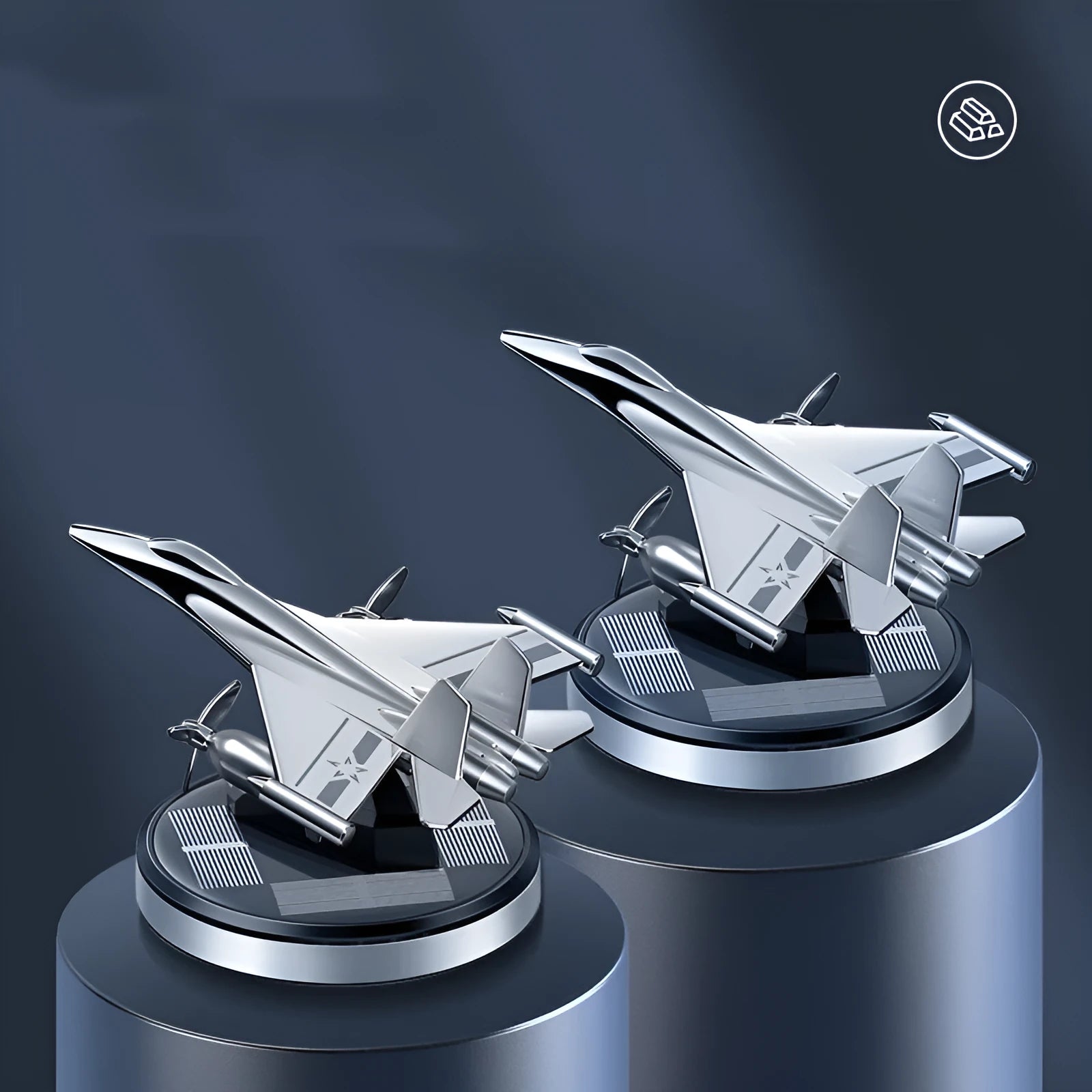Silver solar powered rotating fighter jet perfume ornament on car dashboard with aluminium alloy construction