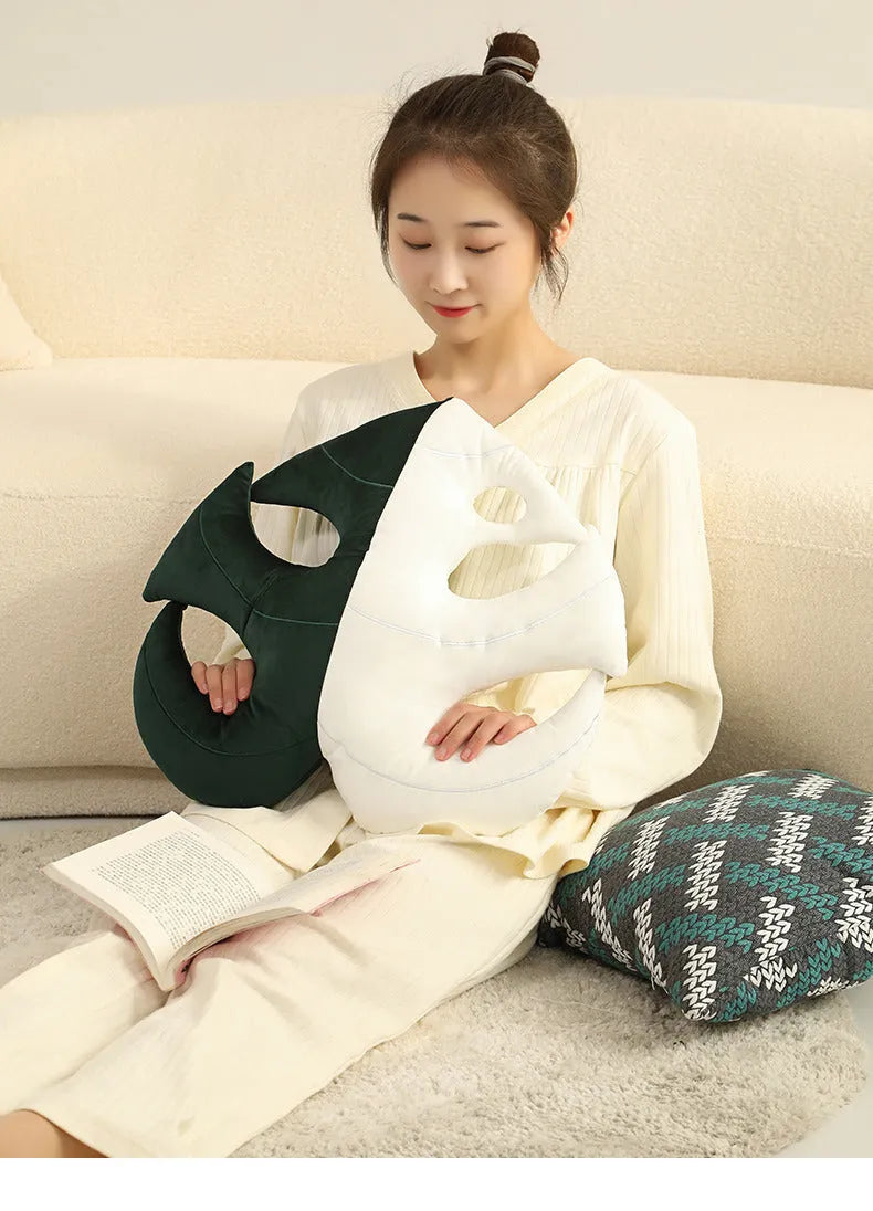 Green plant pillow with embroidered philodendron leaves on plush fabric, 52x44cm large size