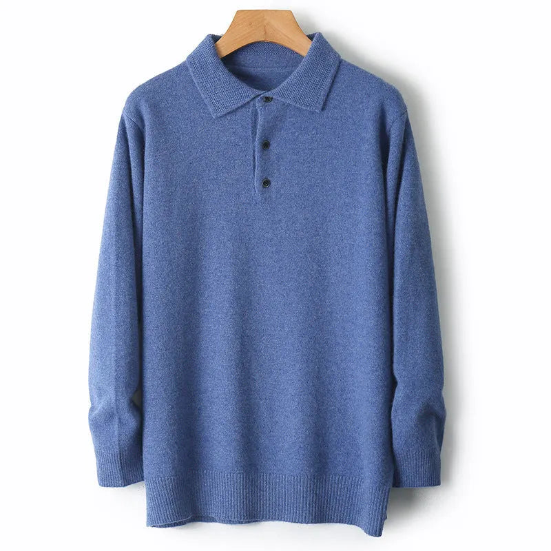 Men's grey woolen pullover sweater with a polo collar, shown on a model.