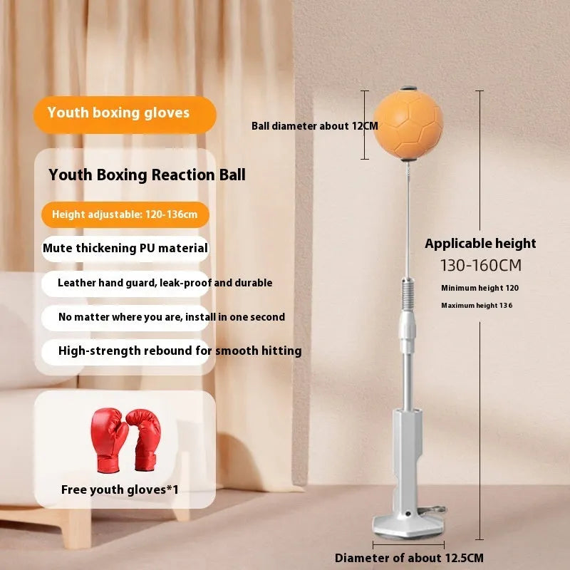 Vertical boxing reaction speed ball set with gray PU gloves on floor for children and adults