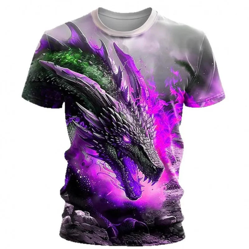 Man wearing a short-sleeve grey T-shirt with a large blue and white 3D wind dragon print on the chest.
