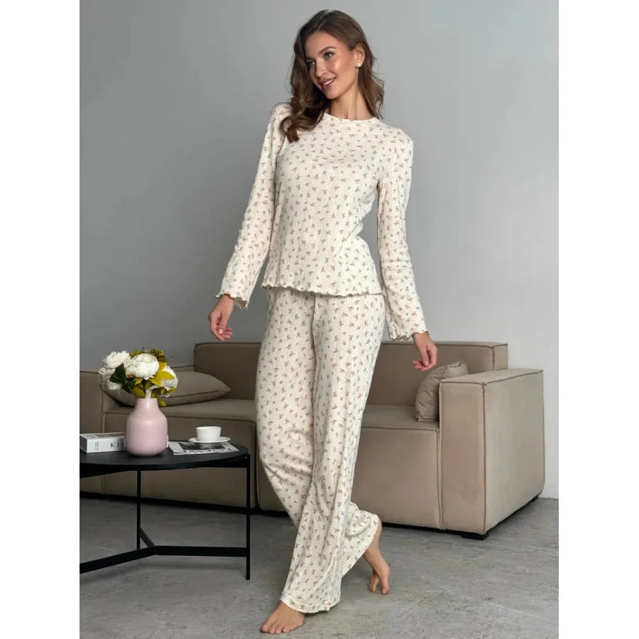 Women's white floral print bell sleeve top and wide leg trousers lounge suit set