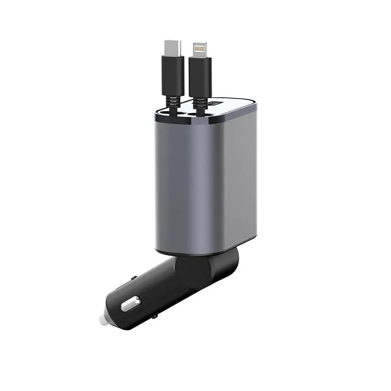 Metal car charger 100W with retractable cable and adjustable head on black background