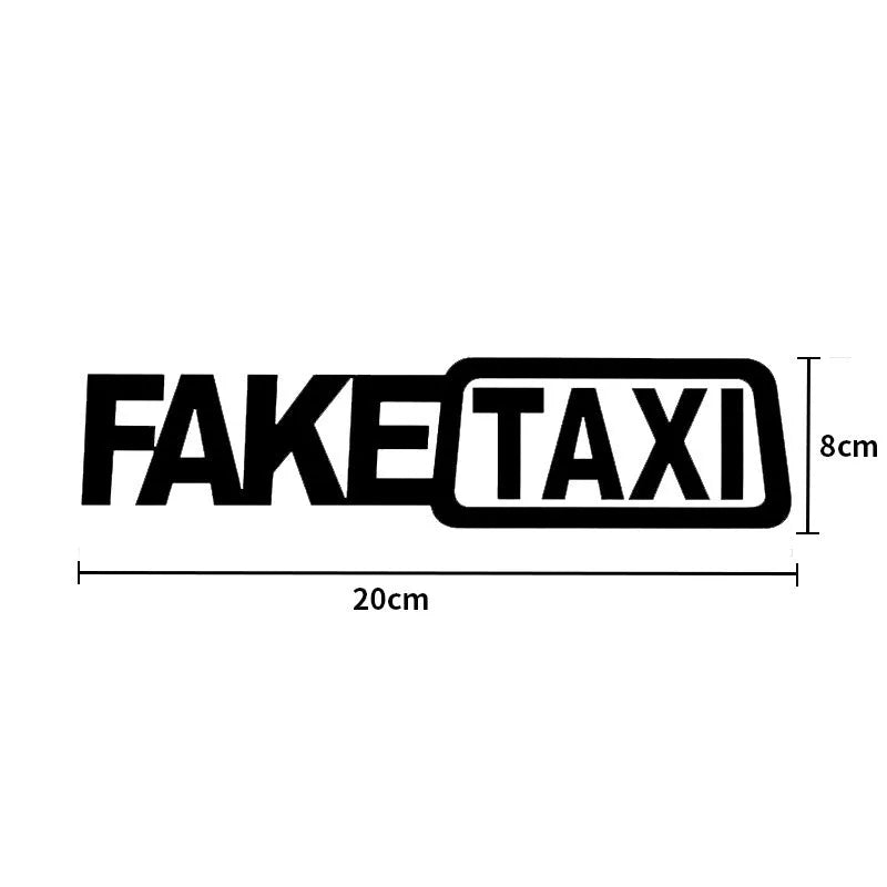 Black waterproof PET car sticker with white FAKE TAXI text, measuring 20 cm by 8 cm.