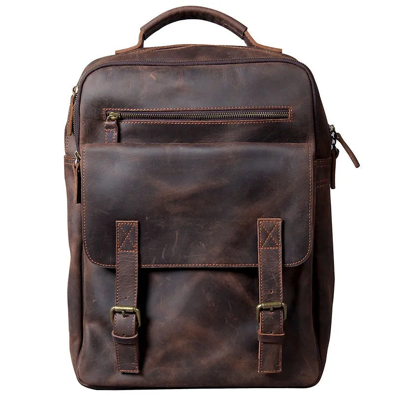 Retro crazy horse leather backpack in dark coffee colour with handmade stitching and front flap