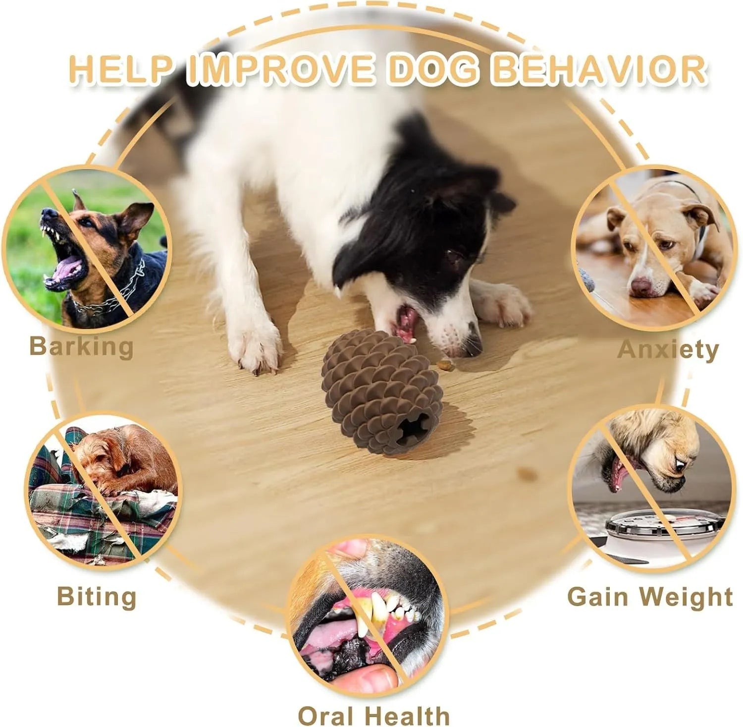 Pine cone shaped natural rubber dog chew toy with textured surface for dental care
