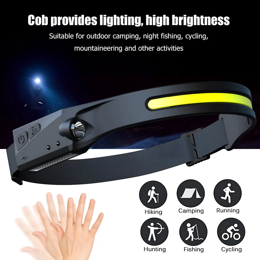 COB LED induction headlamp with wave sensor, silicone headband, USB rechargeable, 230 degree wide angle front beam and separate side LED for 100m long distance