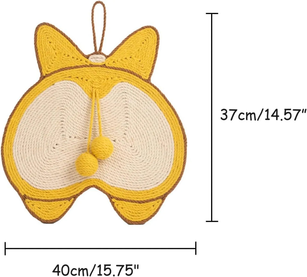 Yellow sisal cat scratching board with Corgi design and anti-slip base.