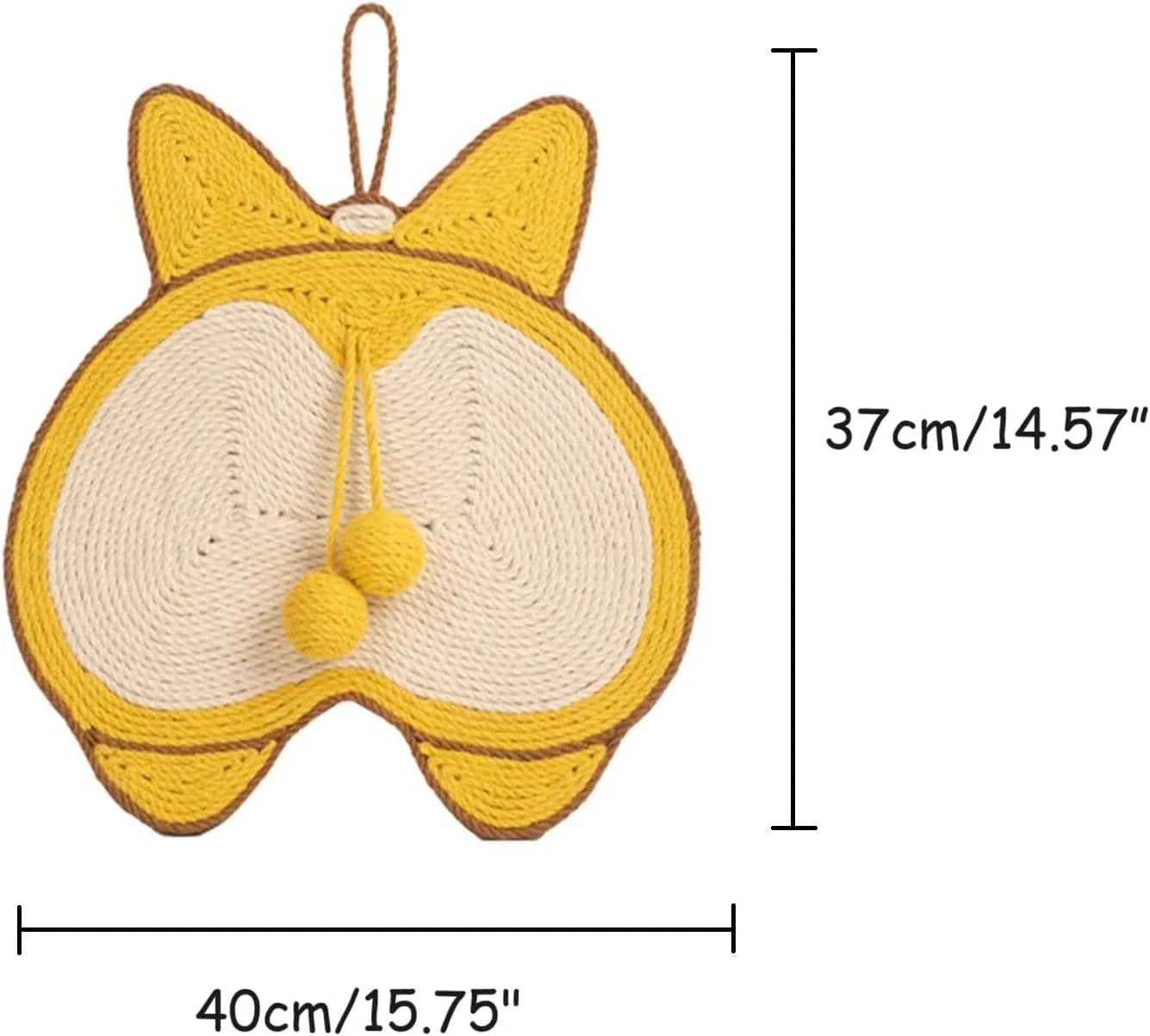 Yellow sisal cat scratching board with Corgi design and anti-slip base.