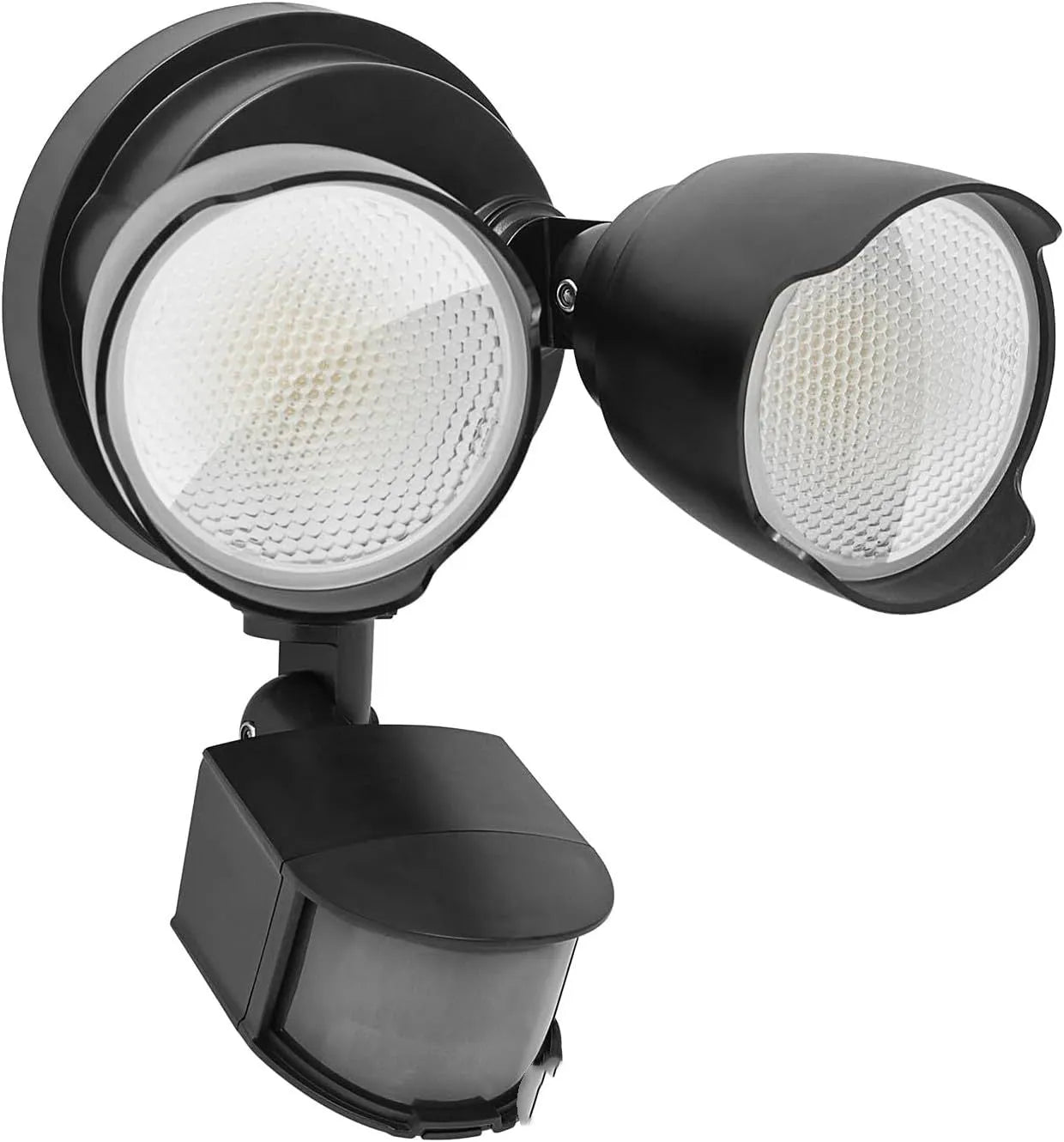 White or black 120V LED security flood light with motion sensor for outdoor installation