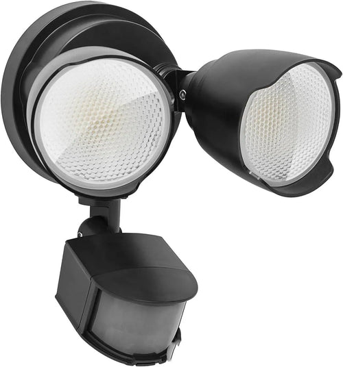 White or black 120V LED security flood light with motion sensor for outdoor installation