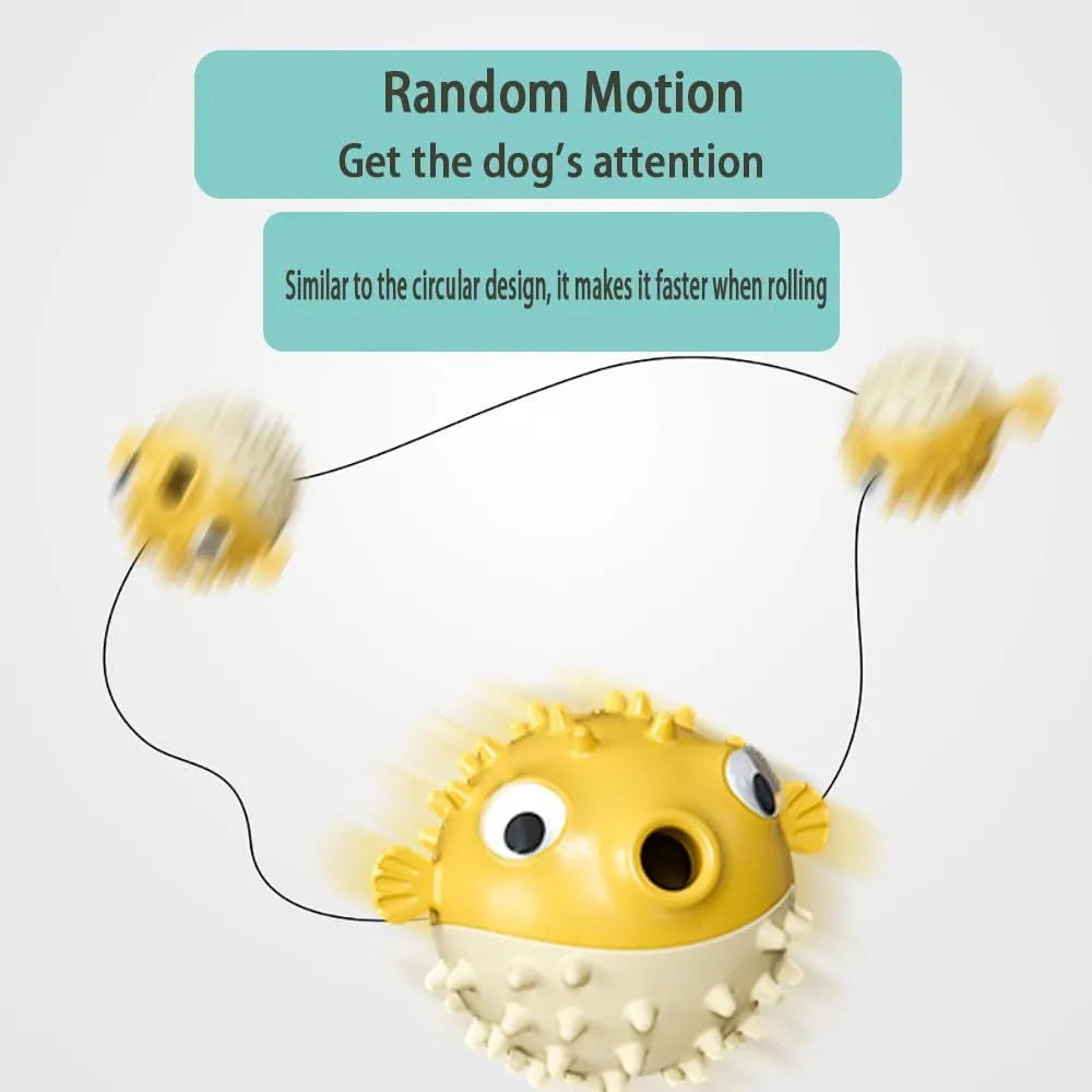 Interactive dog chew toy with fish shape design, available in green, red and yellow colours