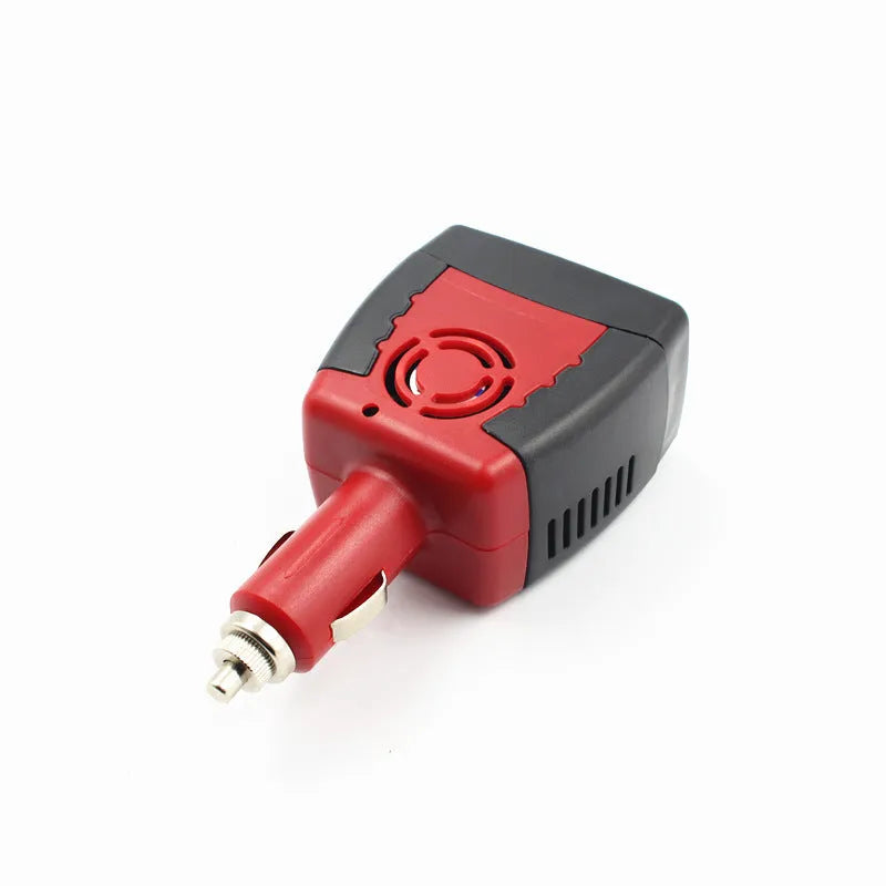150W car power inverter 12V to 220V with USB output in black and red plastic casing