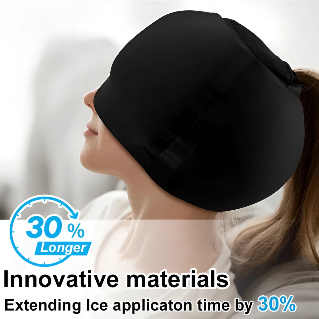 Simple solid colour cold compress cap in black, dark blue, or pink with fully enclosed design