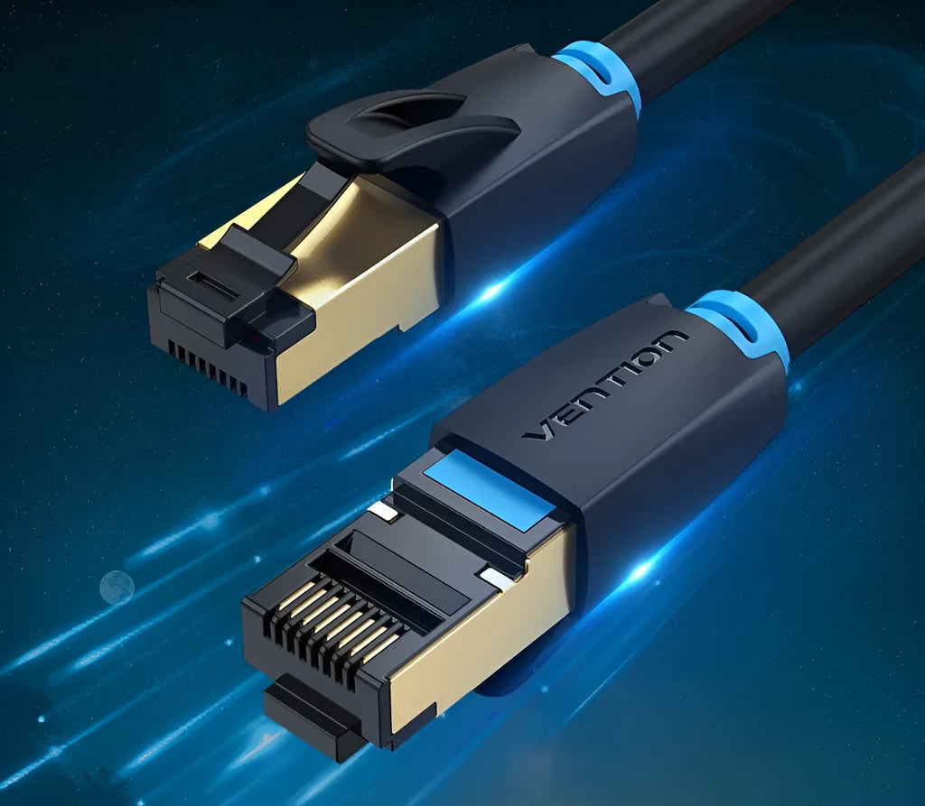 CAT8 shielded Ethernet cable with RJ45 connectors showing flat and round style options in various lengths