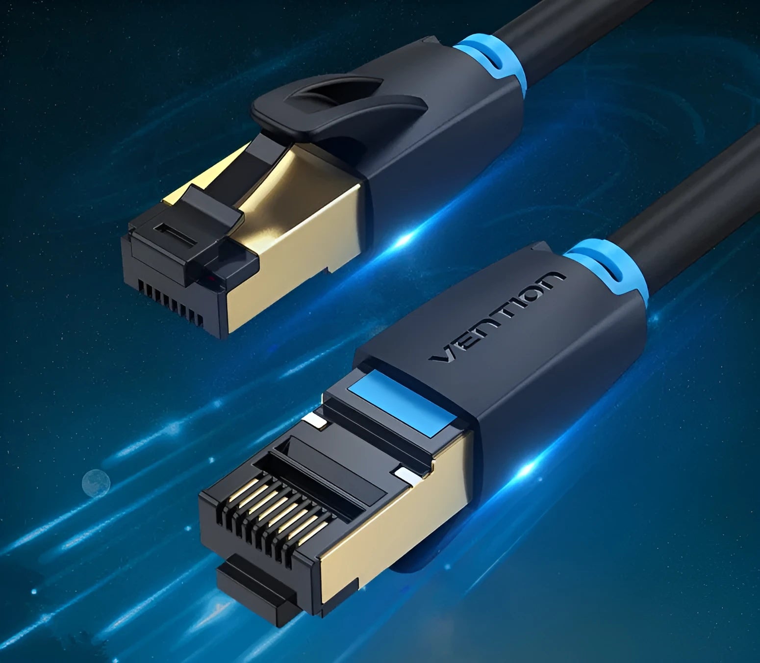 CAT8 shielded Ethernet cable with RJ45 connectors showing flat and round style options in various lengths