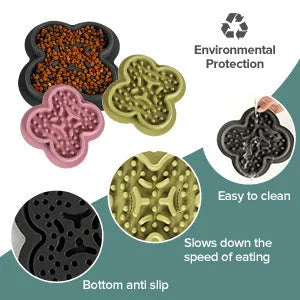 Silicone pet licking pad with textured ridges and non-slip base in assorted colours