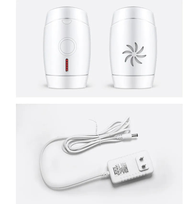 White home laser hair removal instrument with display screen on a compact handheld unit.