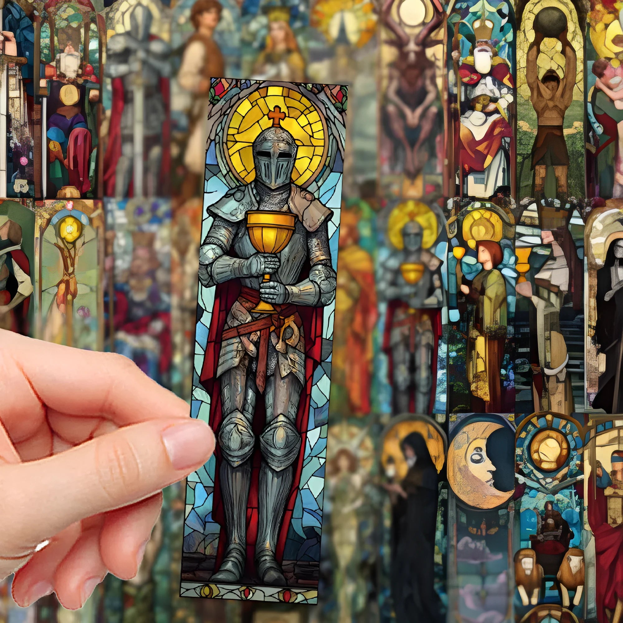 30 tarot bookmarks with painted glass artwork in colourful designs on paper material