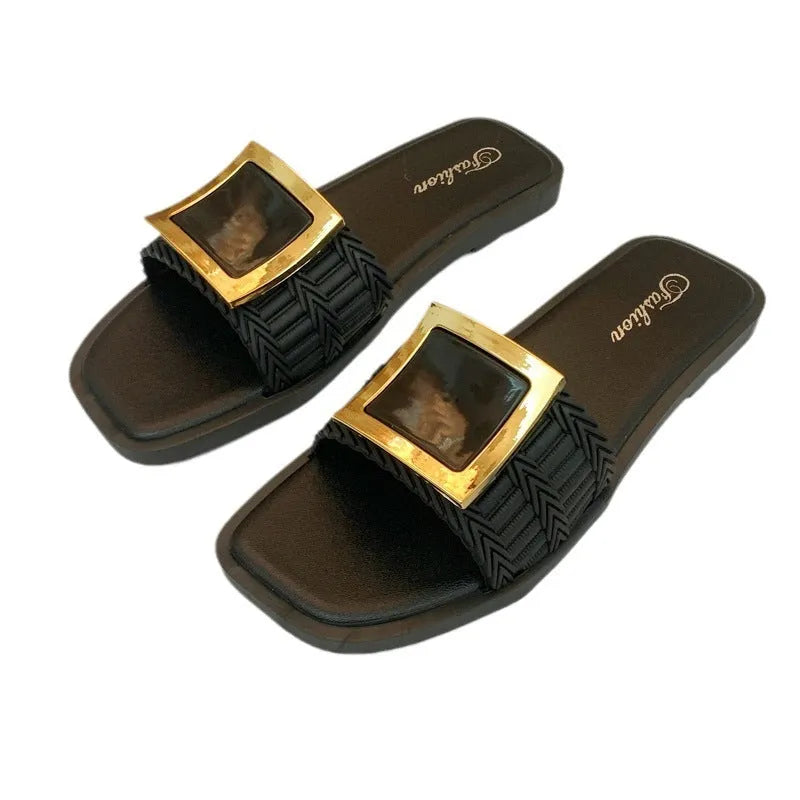 Women's casual flat slippers in apricot colour with waterproof PVC soles
