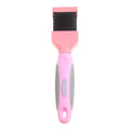 Blue double-sided pet brush with stainless steel pins and ergonomic grip on a white background